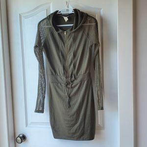 Fashion Nova green zip-up mini dress with mesh sleeves and hood